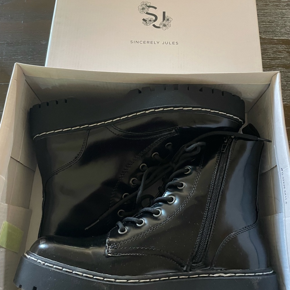 Sincerely Jules Black Combat Moto Boots with Glossy Finish